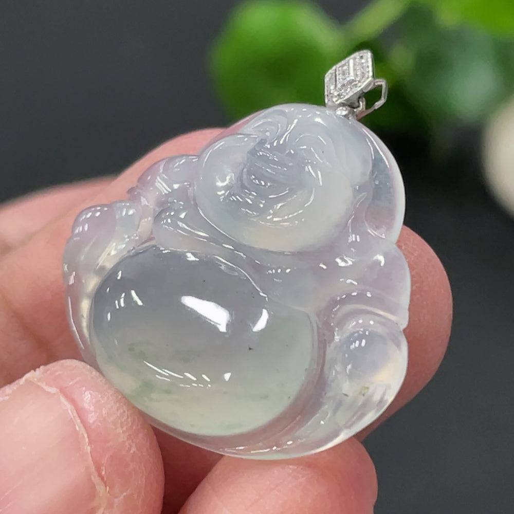 Jadeite Buddha pendant with 18K gold clasp and diamond accents, crafted from green jade, weighing approximately 5.47g.