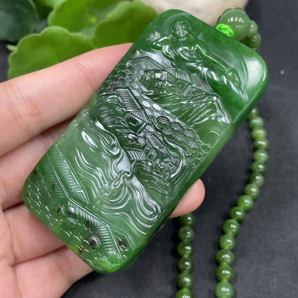 Huiliu Hetian jade Buddha pendant observing the world, intricately carved jade jewelry with detailed Buddha figure.