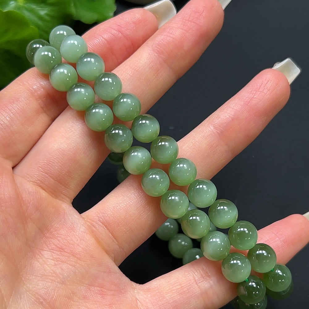 HKHQ Hetian Jade bead chain necklace with 8mm non-gold beads, showcasing smooth, round jade beads on a delicate string.