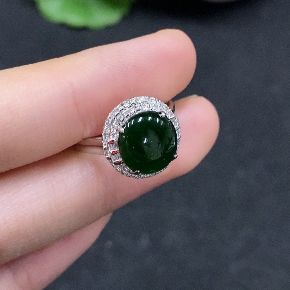 Jadeite Cabochon Ring with and Diamond Accents, . | Huiliu Certified