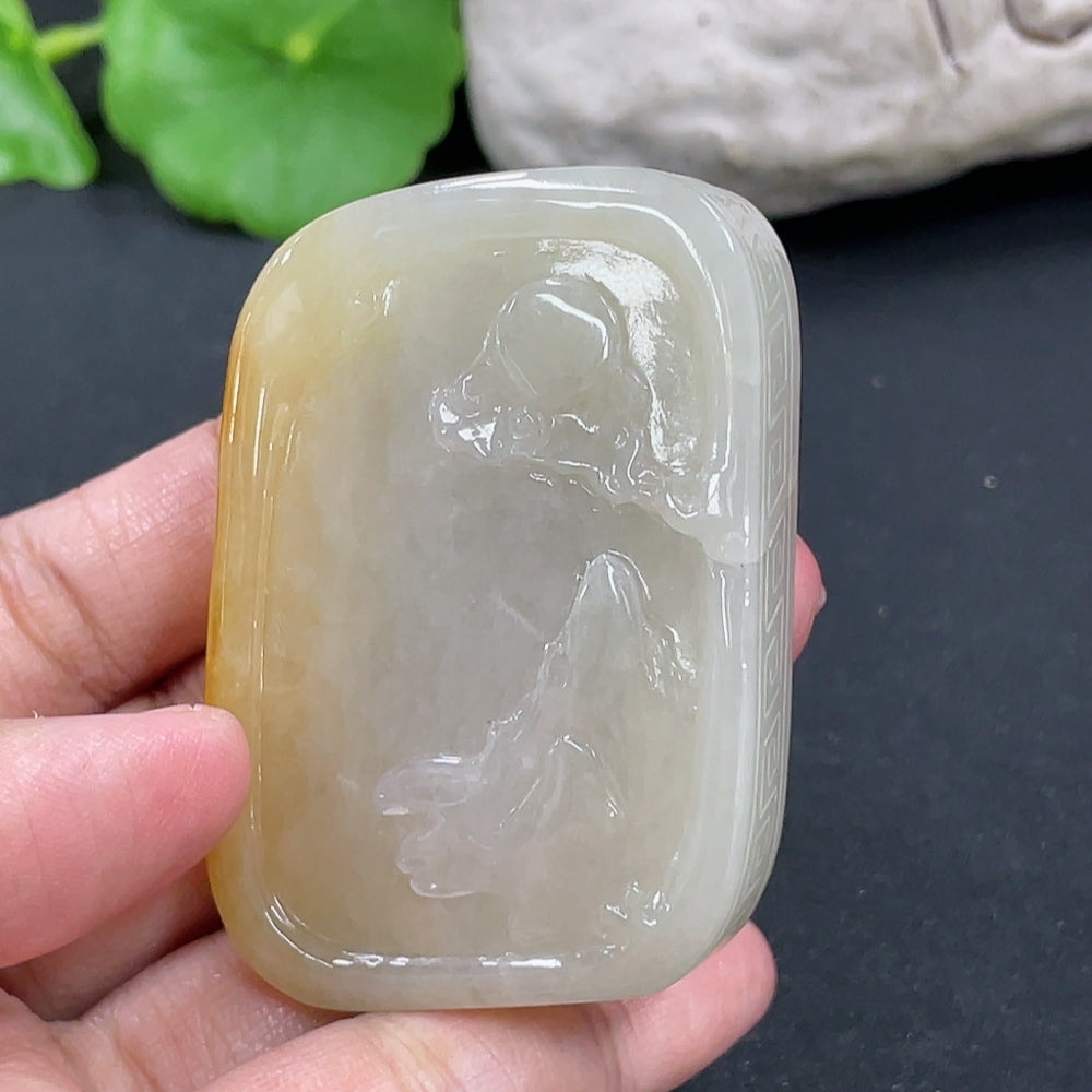 Jadeite Guanyin pendant from HKHQ, detailed carved figure, weighing approximately 64.7g, made of smooth, green jadeite jade.