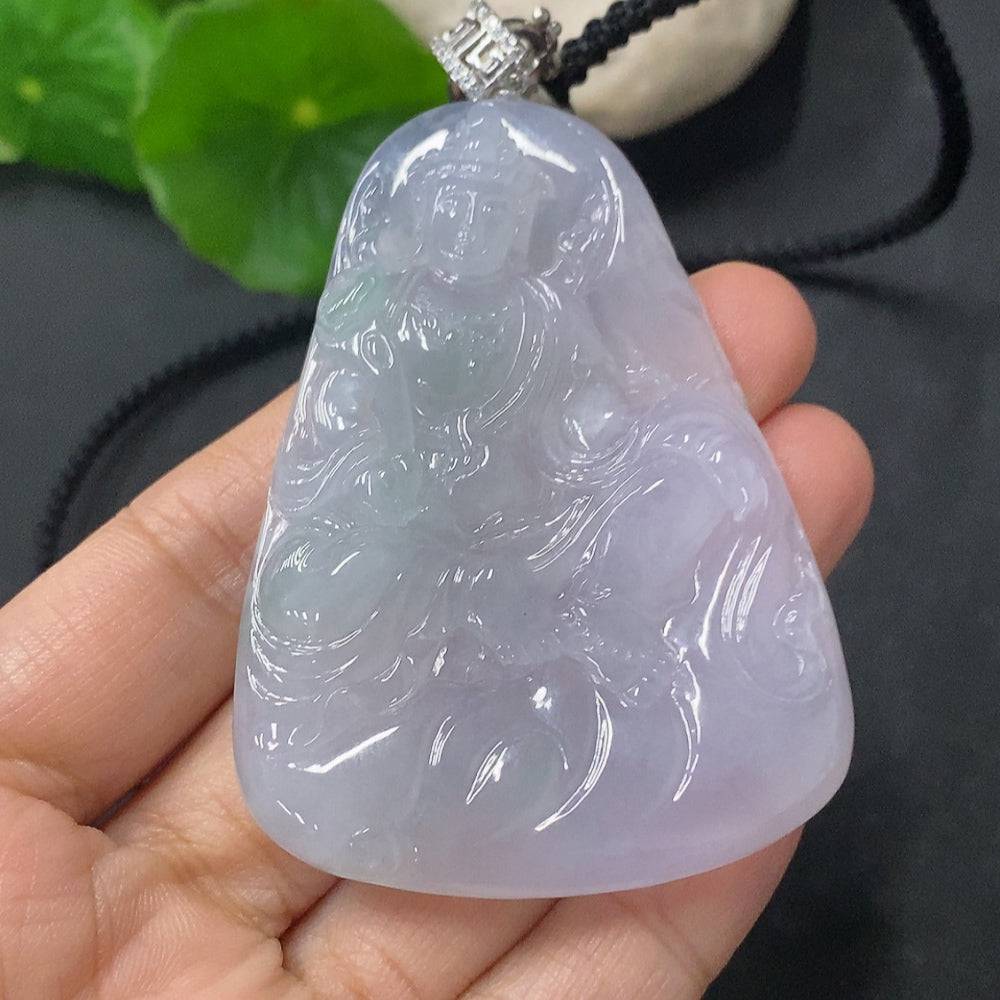 Jadeite Guanyin pendant with non-gold clasp and cord, weighs approximately 46g, crafted by HUILIU HQ, showcasing intricate jade craftsmanship.
