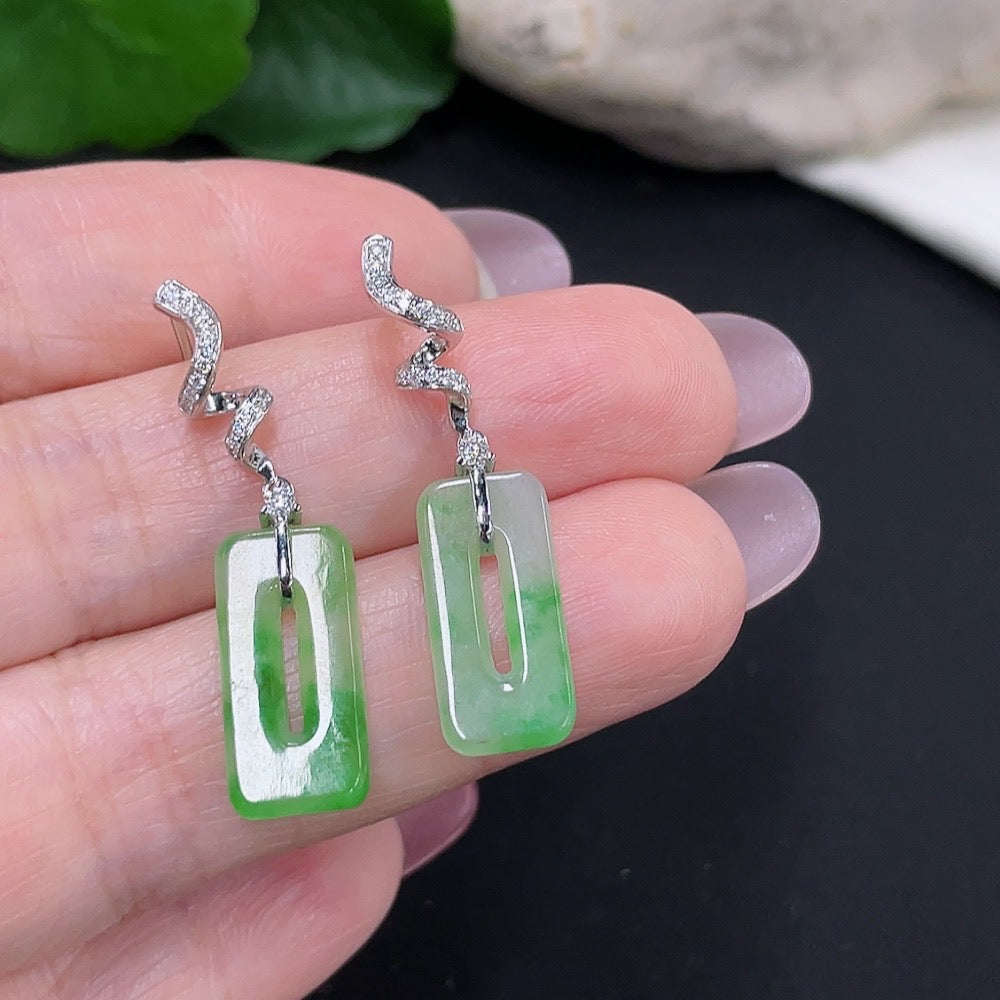 HUILIU HQ Jadeite earrings with 18K gold and diamond accents, featuring smooth green jade stones and gold hooks.