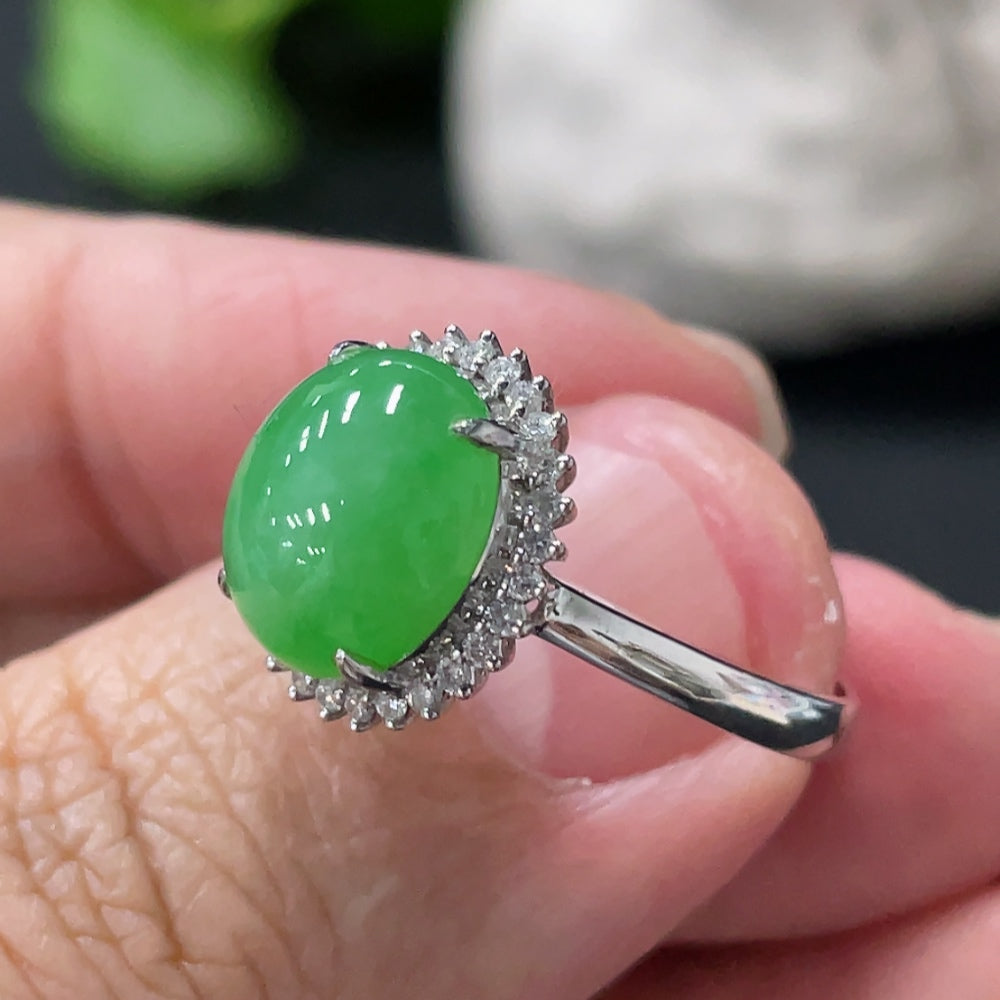 Jadeite Cabochon Ring . with Diamond Accents | Huiliu Certified