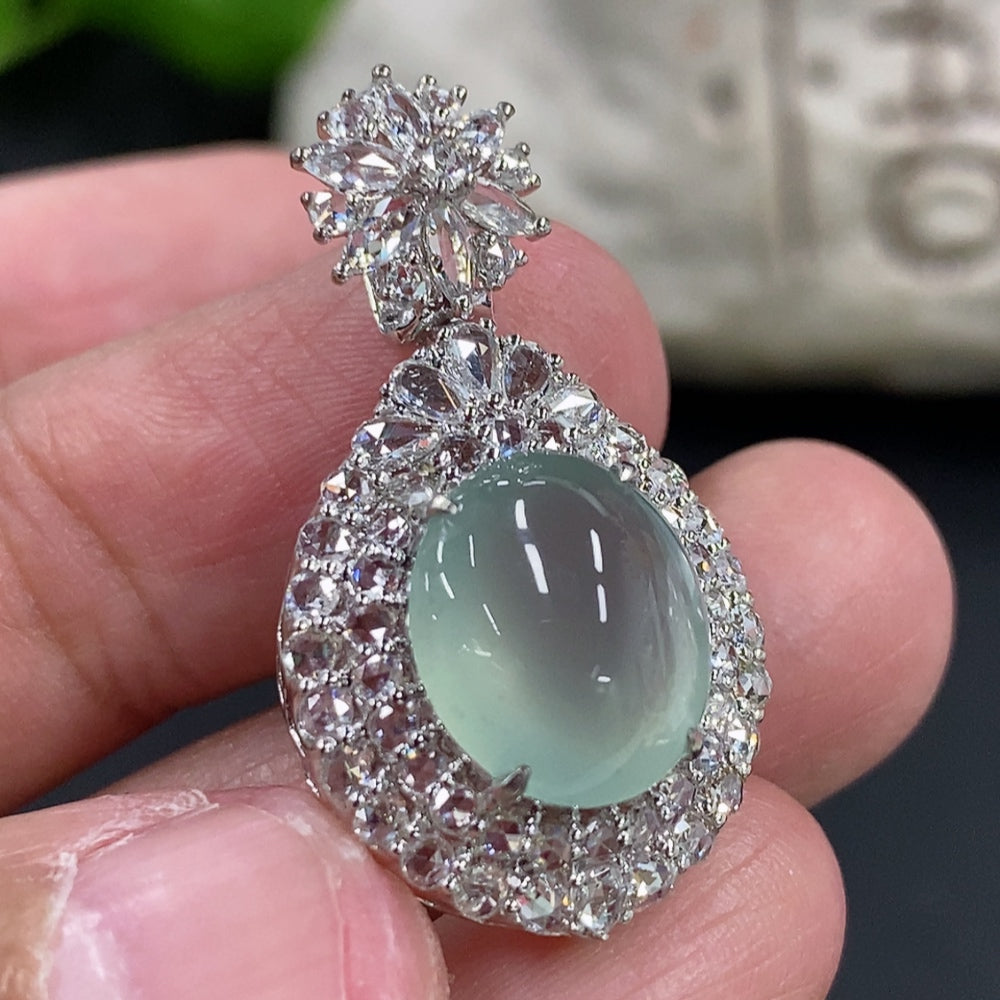 Jadeite Cabochon Pendant Set in 18K Gold with Diamond Accents