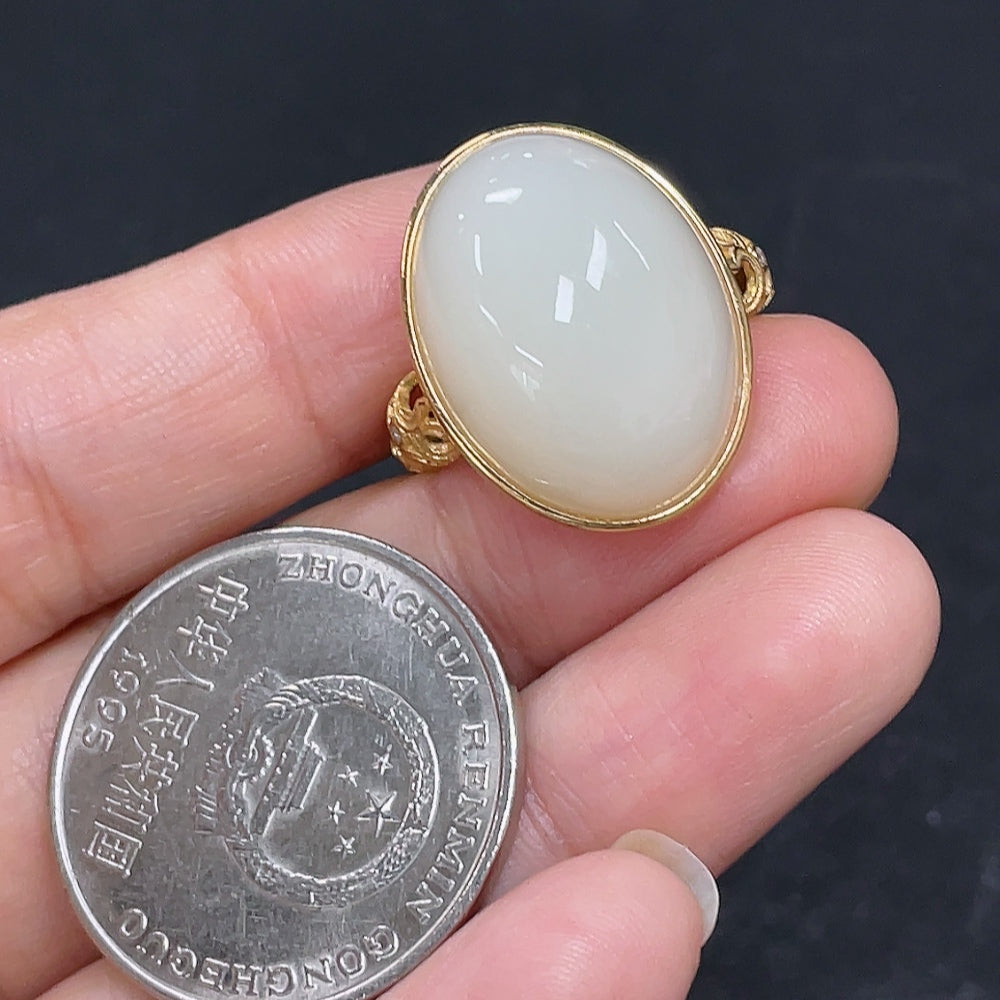 HKHQ Hetian Jade cabochon inlaid ring featuring a smooth, polished jade stone set in a elegant ring design.