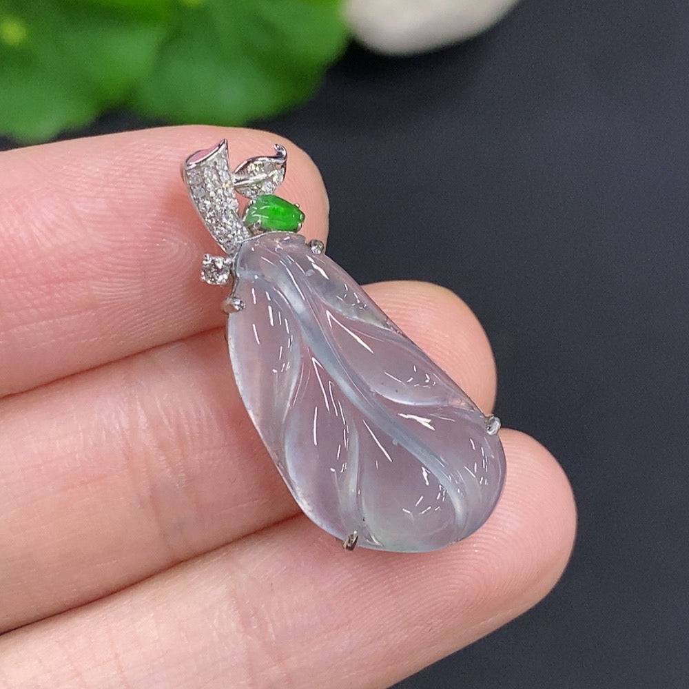 Huiliu jadeite leaf pendant with diamond accents, featuring intricate green jade leaf design and sparkling diamond details.