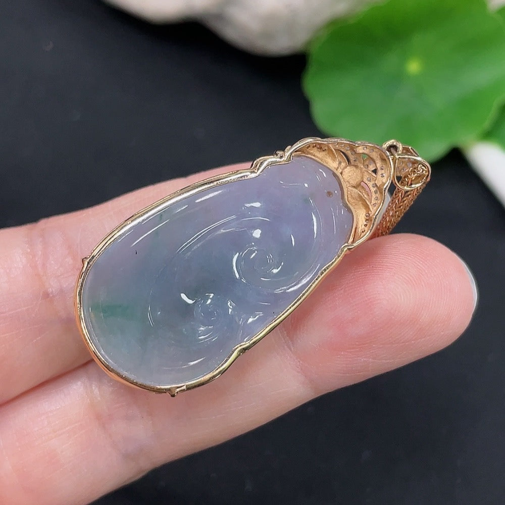 Jadeite Ruyi Inlaid Pendant 18K Gold Total Weight Approx. 9.4g (Including Chain Weight) (With Diamond Accents)