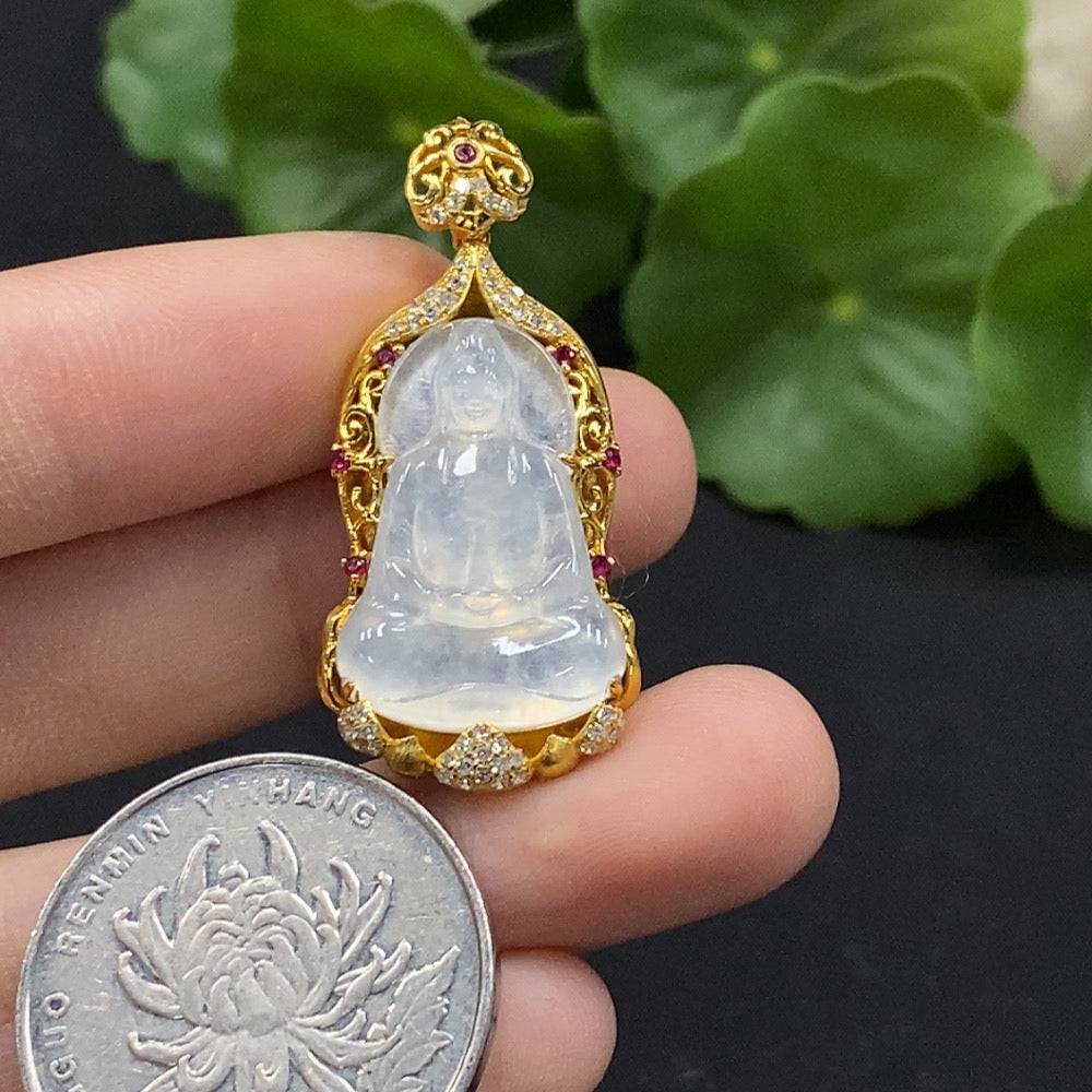Jadeite Guanyin pendant with inlaid diamonds, 18K gold, featuring intricate craftsmanship and a smooth polished surface.