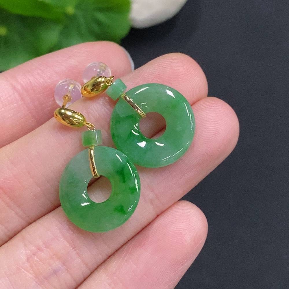 HUILIU HQ jadeite donut inlaid earrings with 18k gold, featuring smooth jade stones and elegant design, total weight approx 3.8g