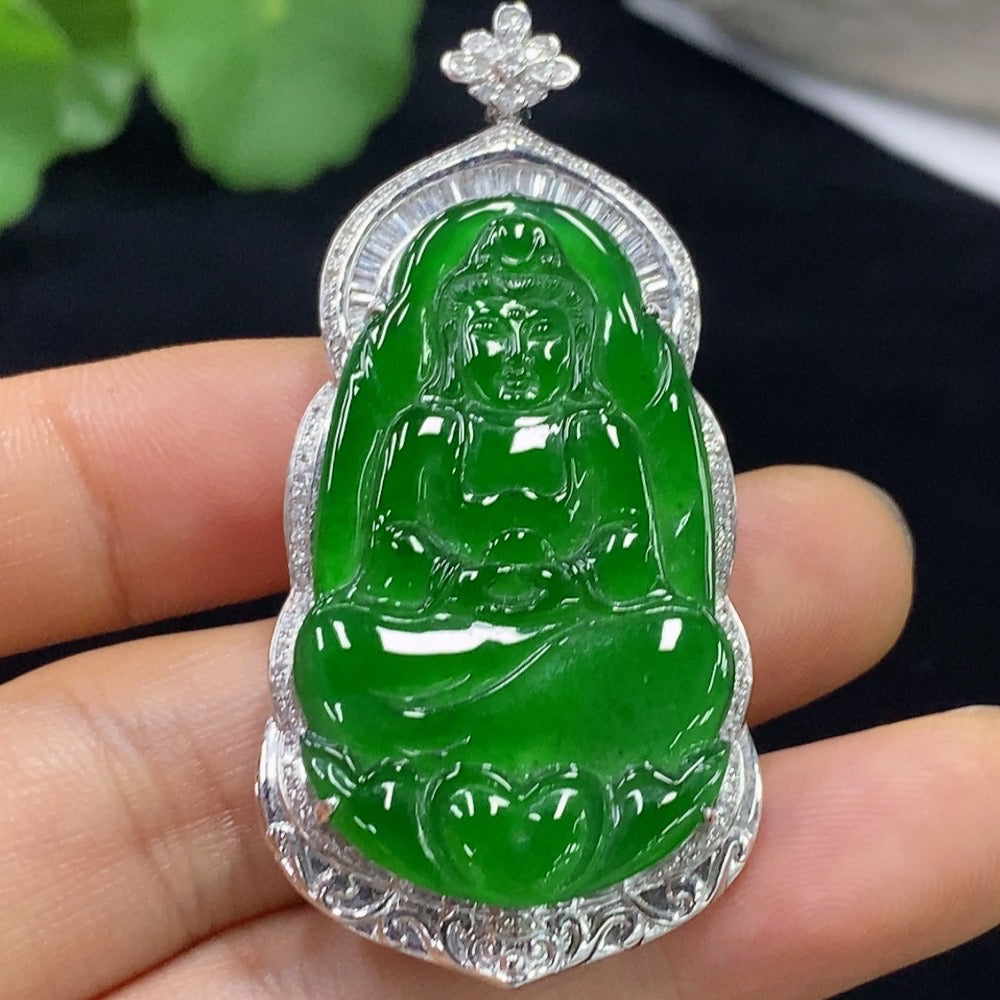 Jadeite Guanyin Inlaid Pendant 18k with Diamond Accents Total Weight Approx. 13.23g