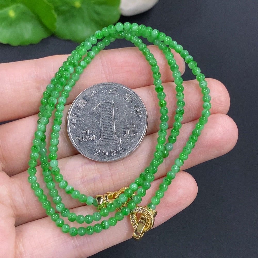 HKHQ Jadeite Bead Necklace, non-gold, 7.7g, featuring smooth green jadeite beads on a stylish necklace.