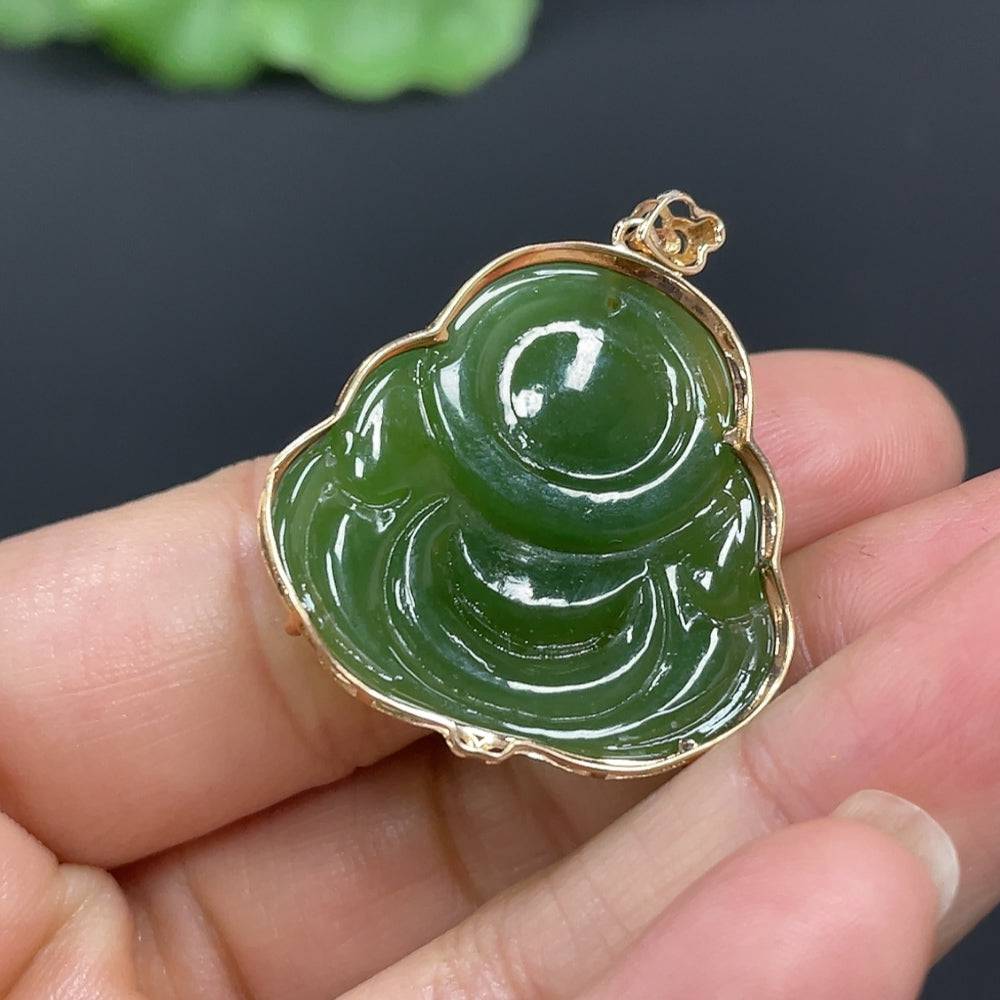 Huiliu HQ Hetian jade jasper Buddha pendant with inlaid design, handcrafted jade jewelry, non-diamond, certified jade ornament.