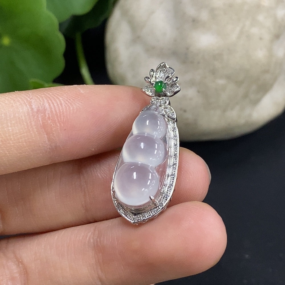 Jadeite Auspicious Bean Pendant Set in with Diamond Accents, . | Huiliu Certified