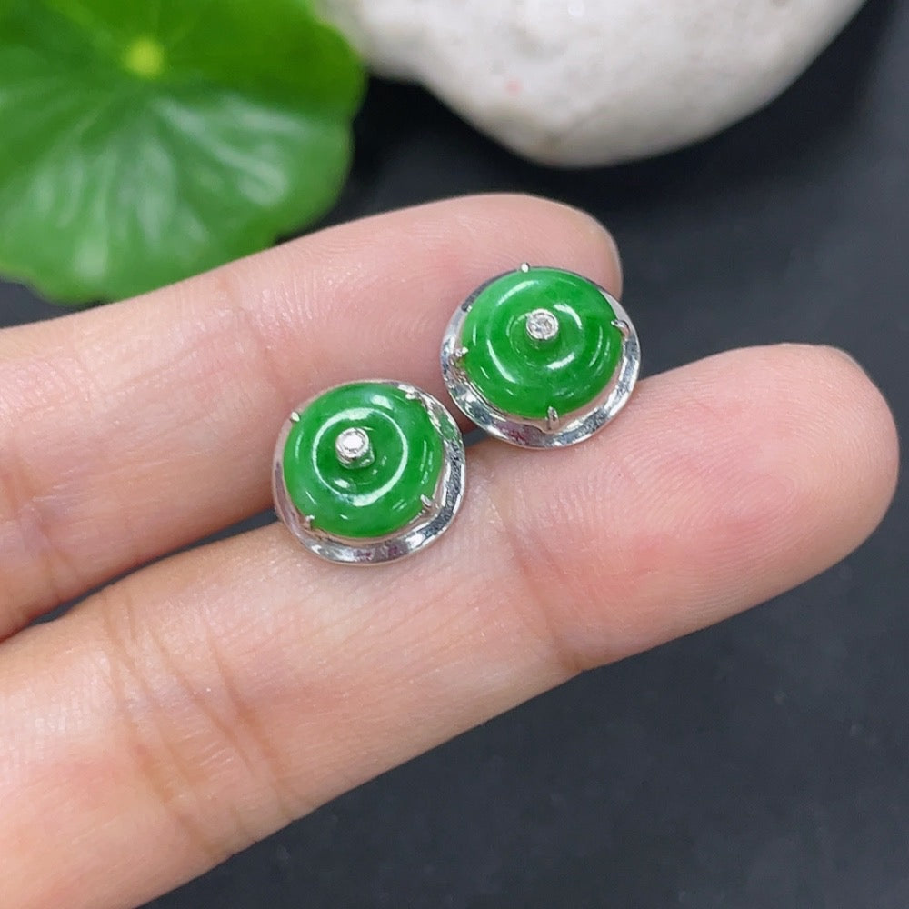 Jadeite Earrings with 18k Ear Caps, 14k Main Body, and Diamond Accents, Total Weight Approximately 2.1g