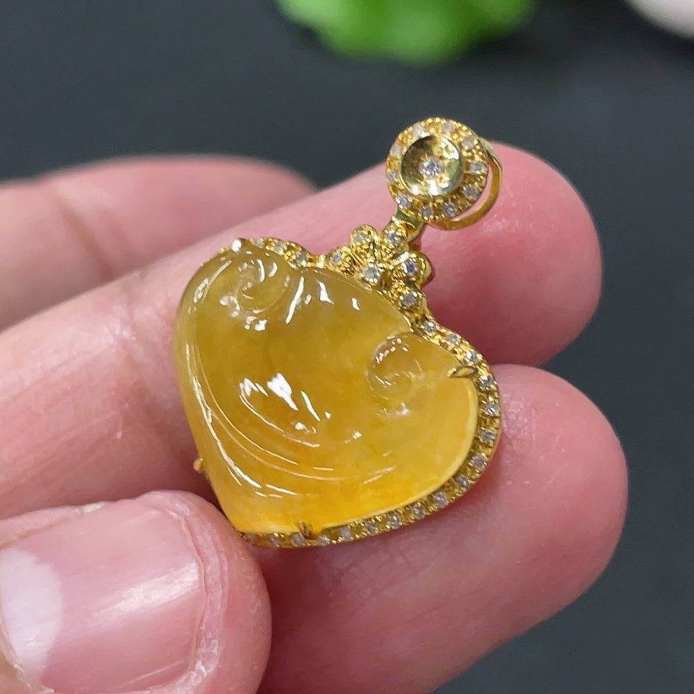 Jadeite Ruyi pendant with 18K gold and diamond accents from HUILIU HQ, showcasing intricate craftsmanship and vibrant jade color.