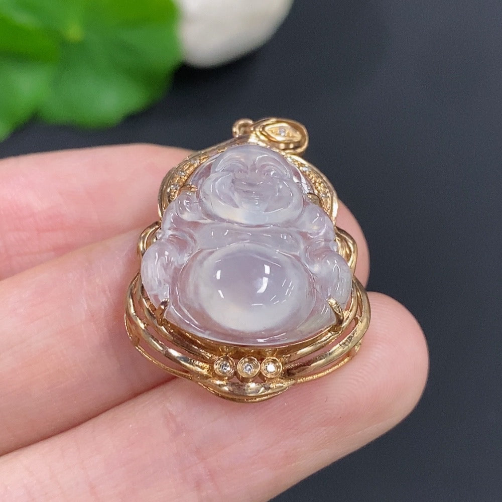 Jadeite Buddha Pendant with 18k Gold, Total Weight Approx. 4g, Diamond Accents