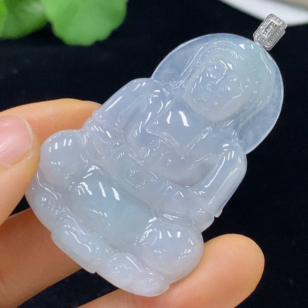 Huiliu Jadeite Guanyin pendant with diamond accents, detailed carving, approximately 17.22 grams, showcasing intricate jade craftsmanship.