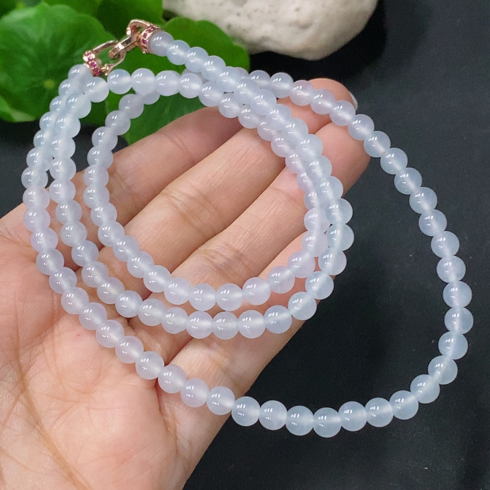 Jadeite bead necklace with 5mm jade beads from HUILIU HQ, weighing approximately 26.26g, showcasing smooth, polished jade stones.