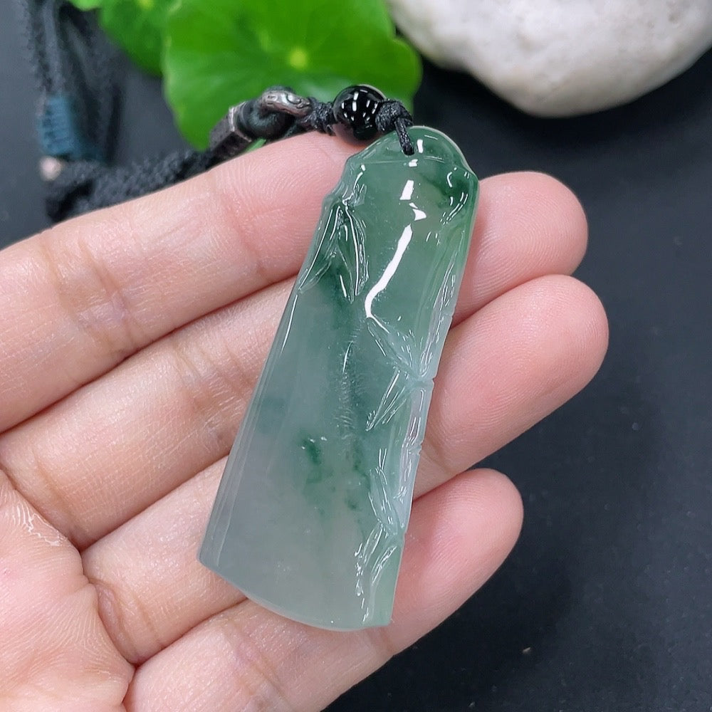 Jadeite bamboo joint pendant necklace by HKHQ featuring a smooth green jadeite bamboo design on a delicate chain.