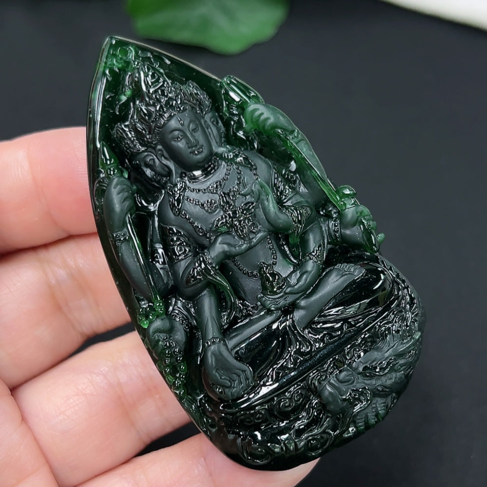Jadeite Guanyin pendant necklace by HKHQ showing a detailed carved figure in vibrant green jadeite, weighs approximately 54.3g