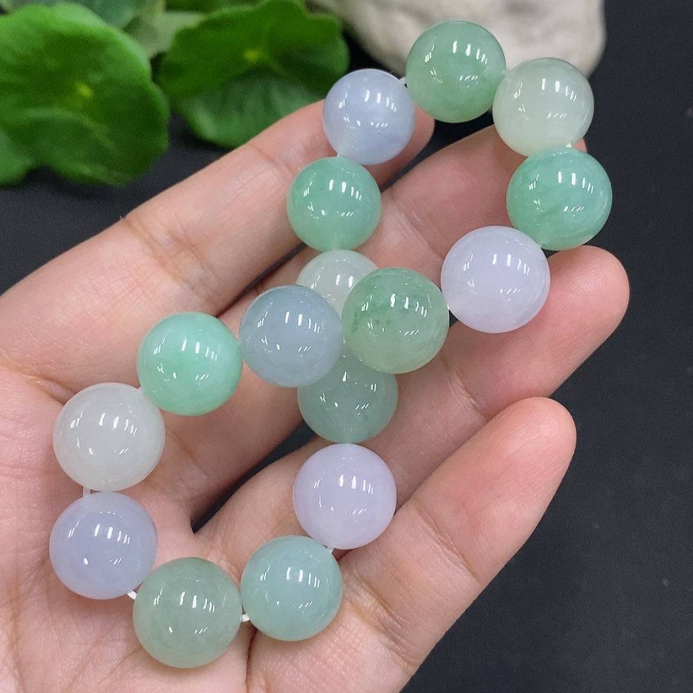 HUILIU HQ jadeite bead necklace with 12mm beads, approximately 54.5g, showcasing smooth, polished green jade beads.