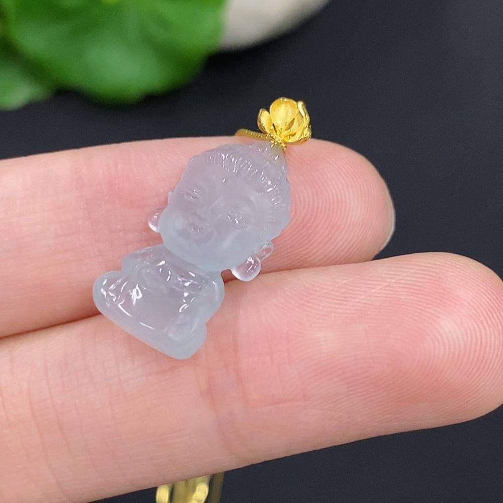 Jadeite Baby Buddha pendant on chain, crafted by HUILIU HQ, featuring a smooth green jade Buddha charm.