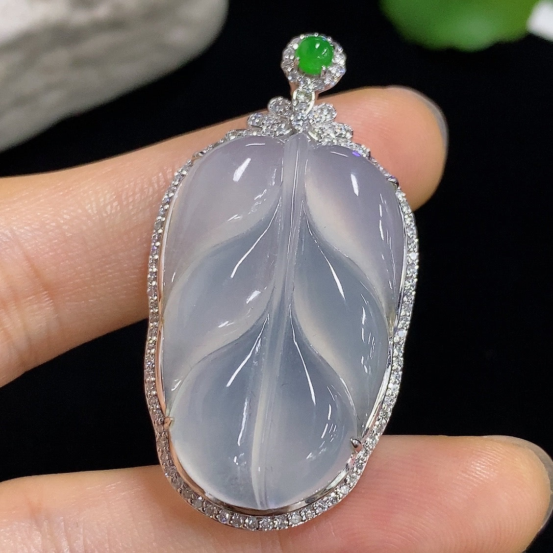 Jadeite Leaf Inlaid Pendant with 18K Gold and Diamond Accents