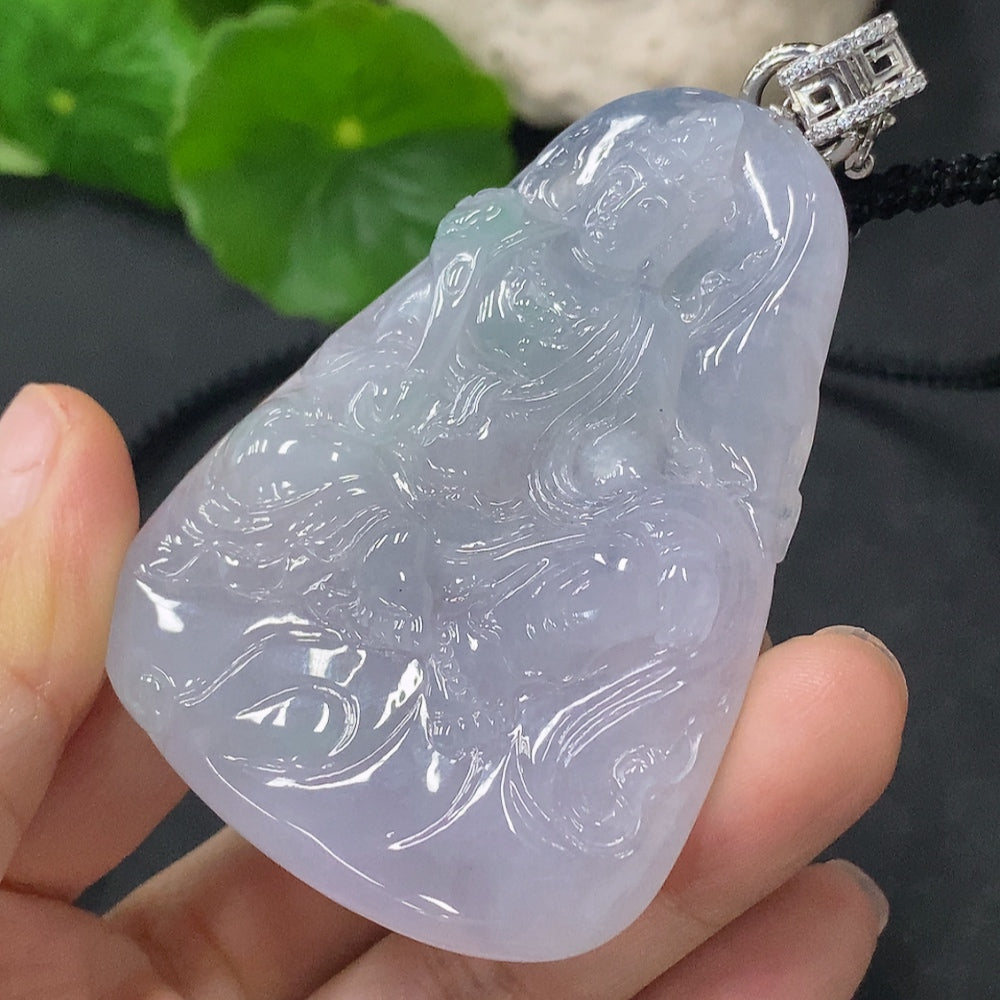 Jadeite Guanyin pendant with non-gold clasp and cord, weighs approximately 46g, featuring intricate carved details on jade jewelry.