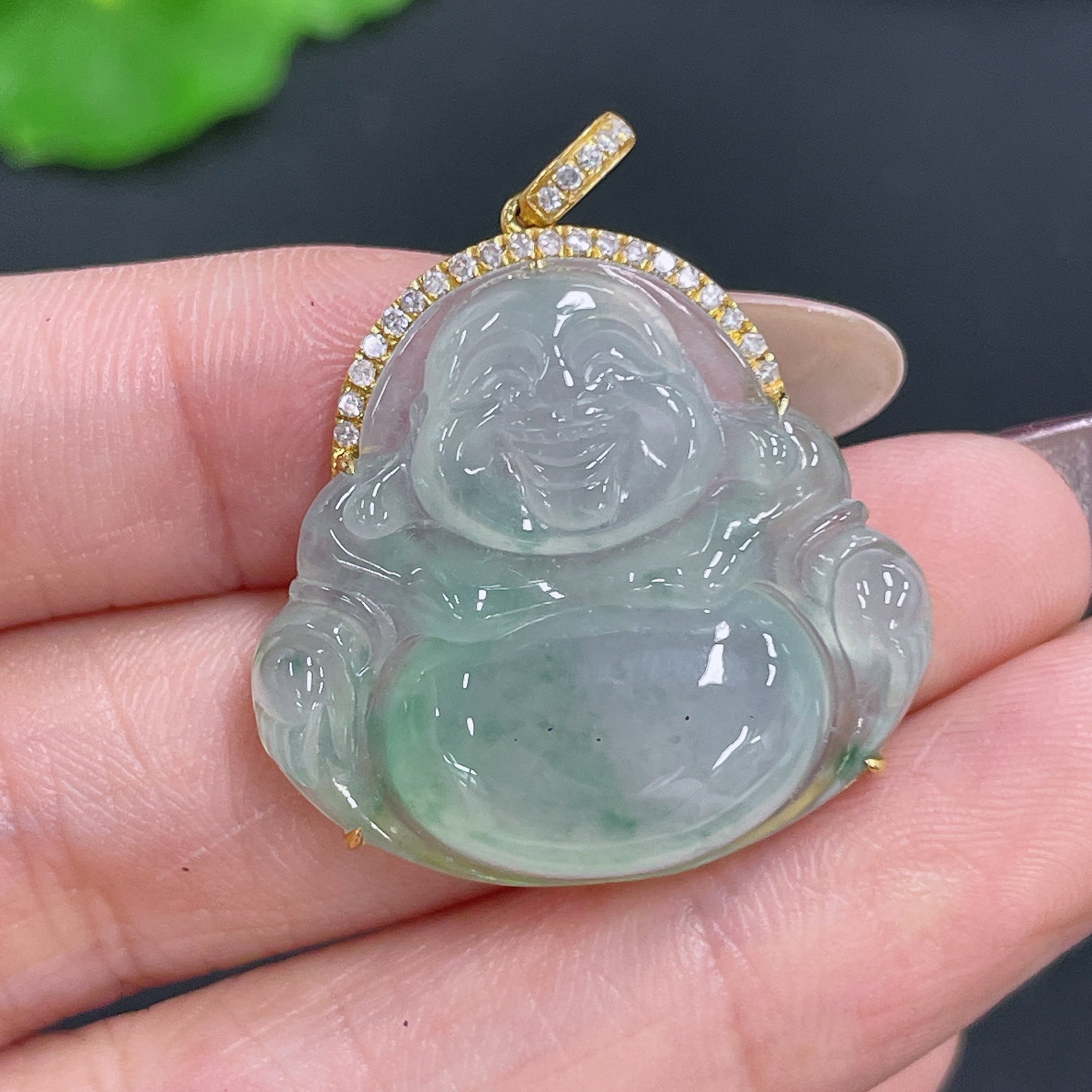Jadeite Pendant Buddha Inlaid with Diamonds . | Huiliu Certified