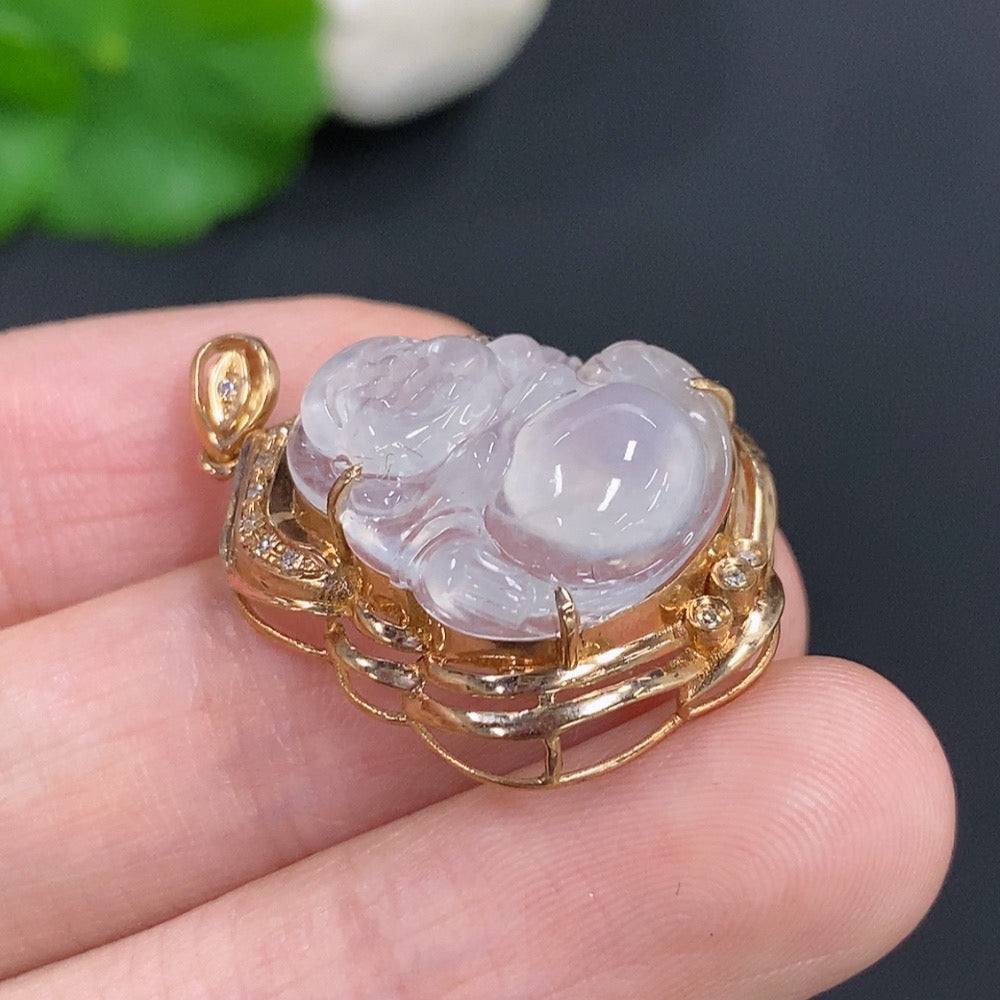 Jadeite Buddha Pendant with 18k Gold, Total Weight Approx. 4g, Diamond Accents