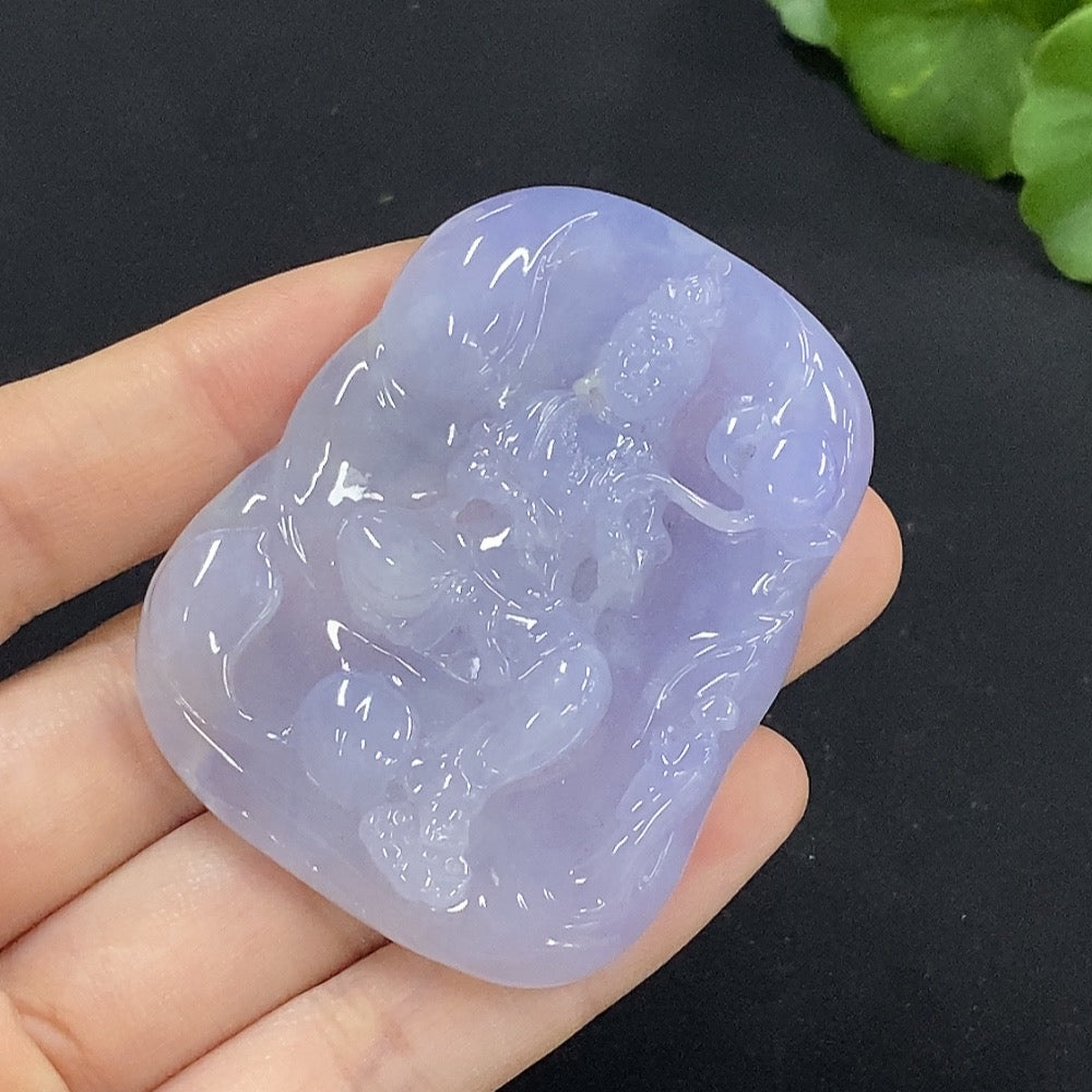 Huiliu Jadeite Guanyin pendant, carved jade jewelry with intricate design, certified by HUILIU HQ for spiritual and cultural significance