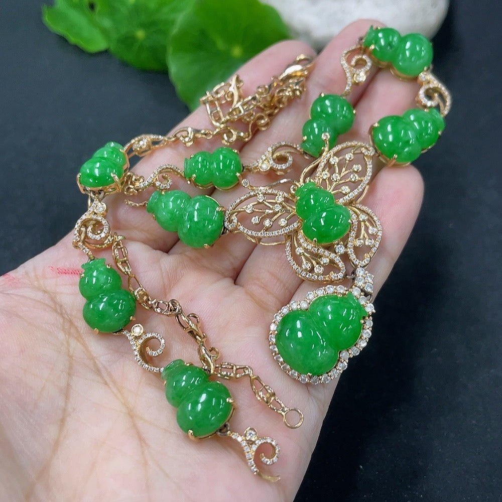Jadeite Inlaid Gourd Necklace 18k with Diamond Accents Total Weight Approx. 31.29g