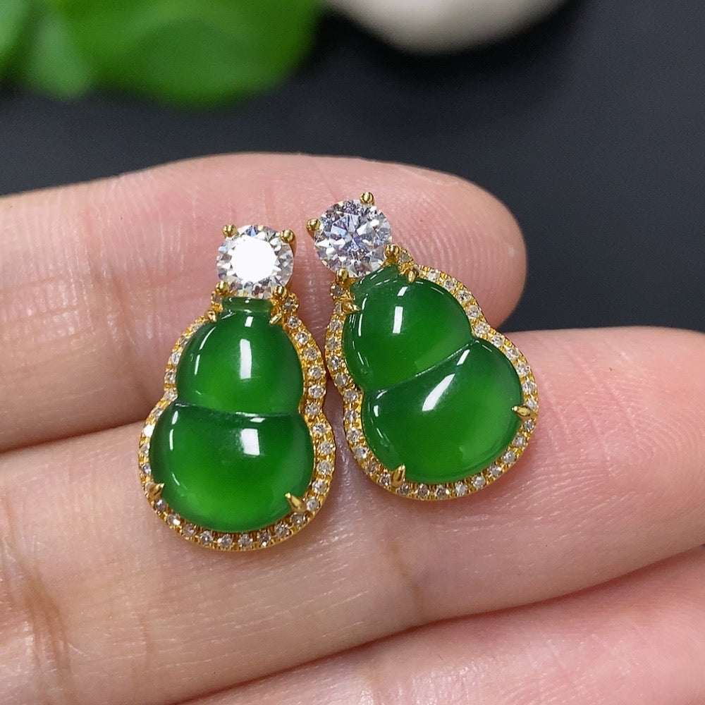 Jadeite gourd inlaid earrings . (only the smallest accent stones are diamonds) | Huiliu Certified