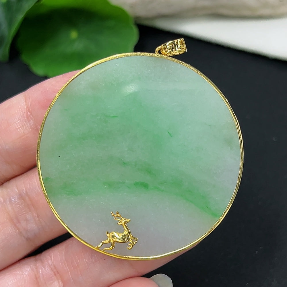 Jadeite plain pendant necklace with 18K gold setting, HKHQ brand, featuring a smooth jade pendant on a gold chain.