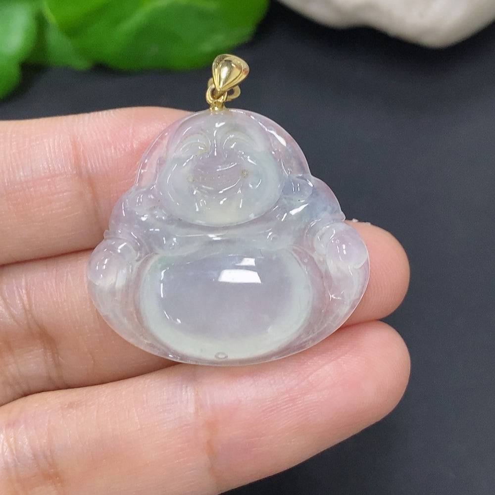 Jadeite Buddha pendant with 18K gold clasp, featuring a smooth jade surface and detailed Buddha carving, weighing approximately 7.3g.