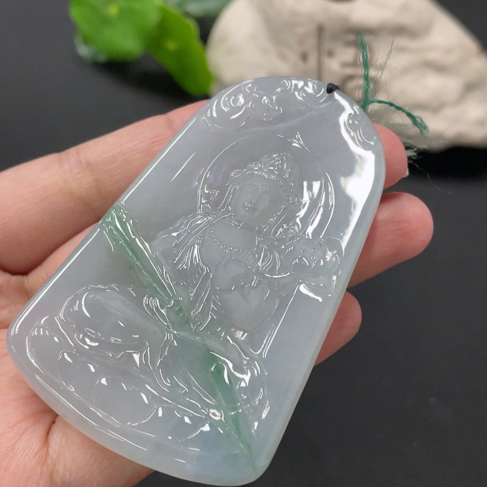 Jadeite Guanyin pendant with intricate carving, weighing approximately 51.47g, crafted by HUILIU HQ, showcasing detailed jade sculpture.