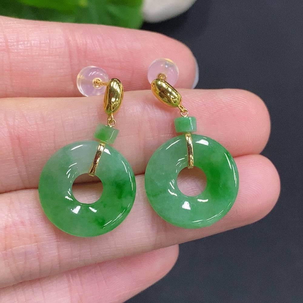 HUILIU HQ jadeite donut inlaid earrings with 18k gold, featuring smooth jade jade and elegant design, weight approximately 3.8g