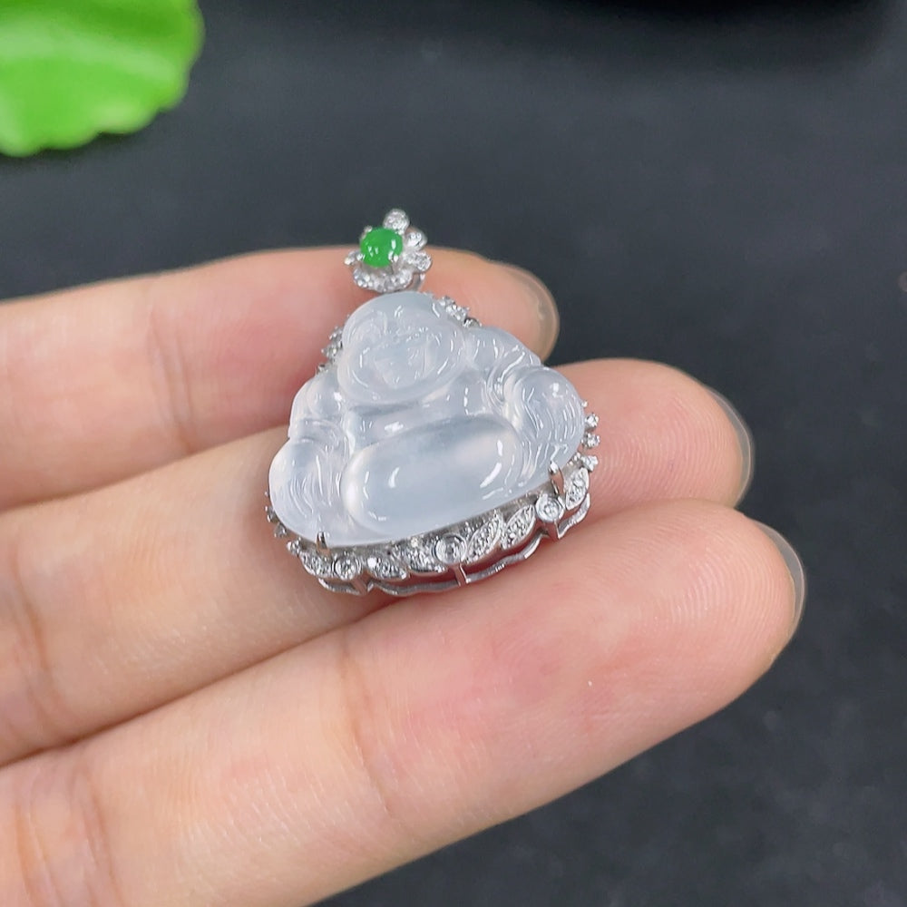 Jadeite Buddha pendant with 18k gold accents and diamond details, showcasing intricate craftsmanship and a polished finish.