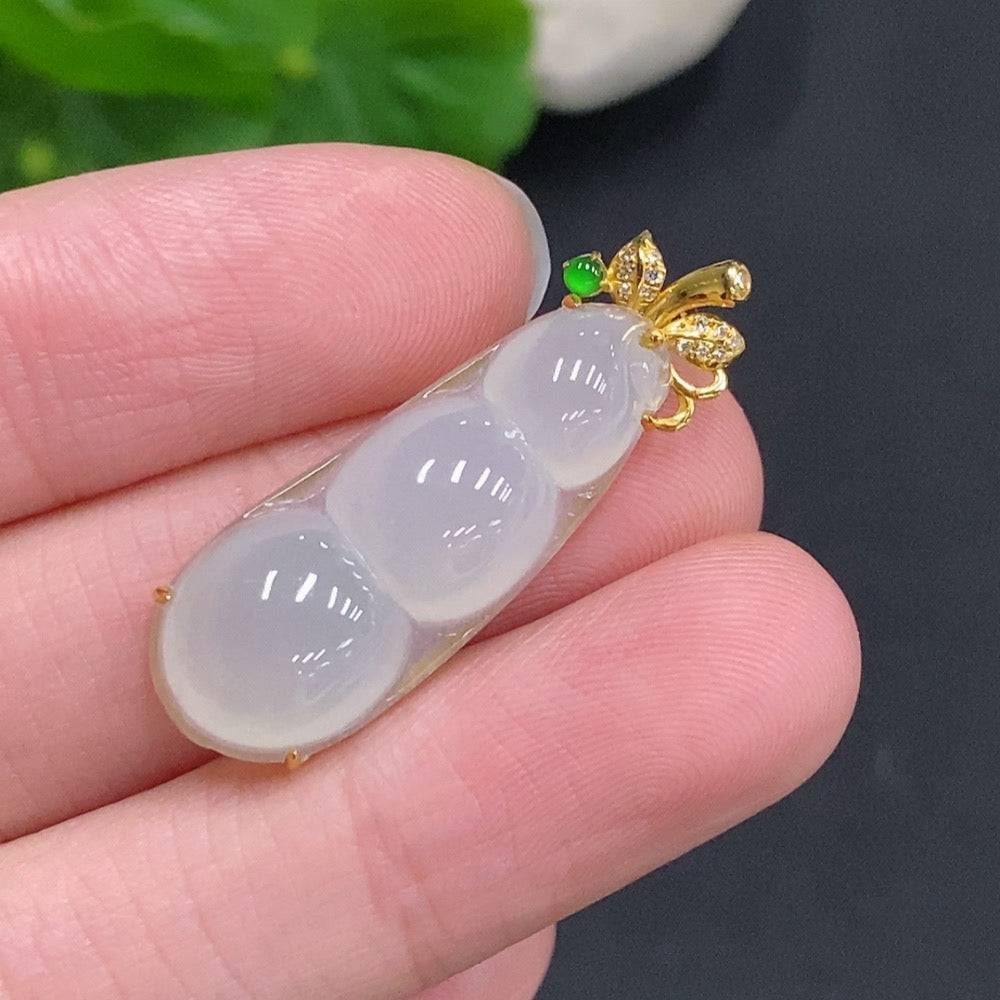 Huiliu Jadeite Lucky Bean Pendant with diamond accents, crafted from green jade, featuring a polished, detailed design.