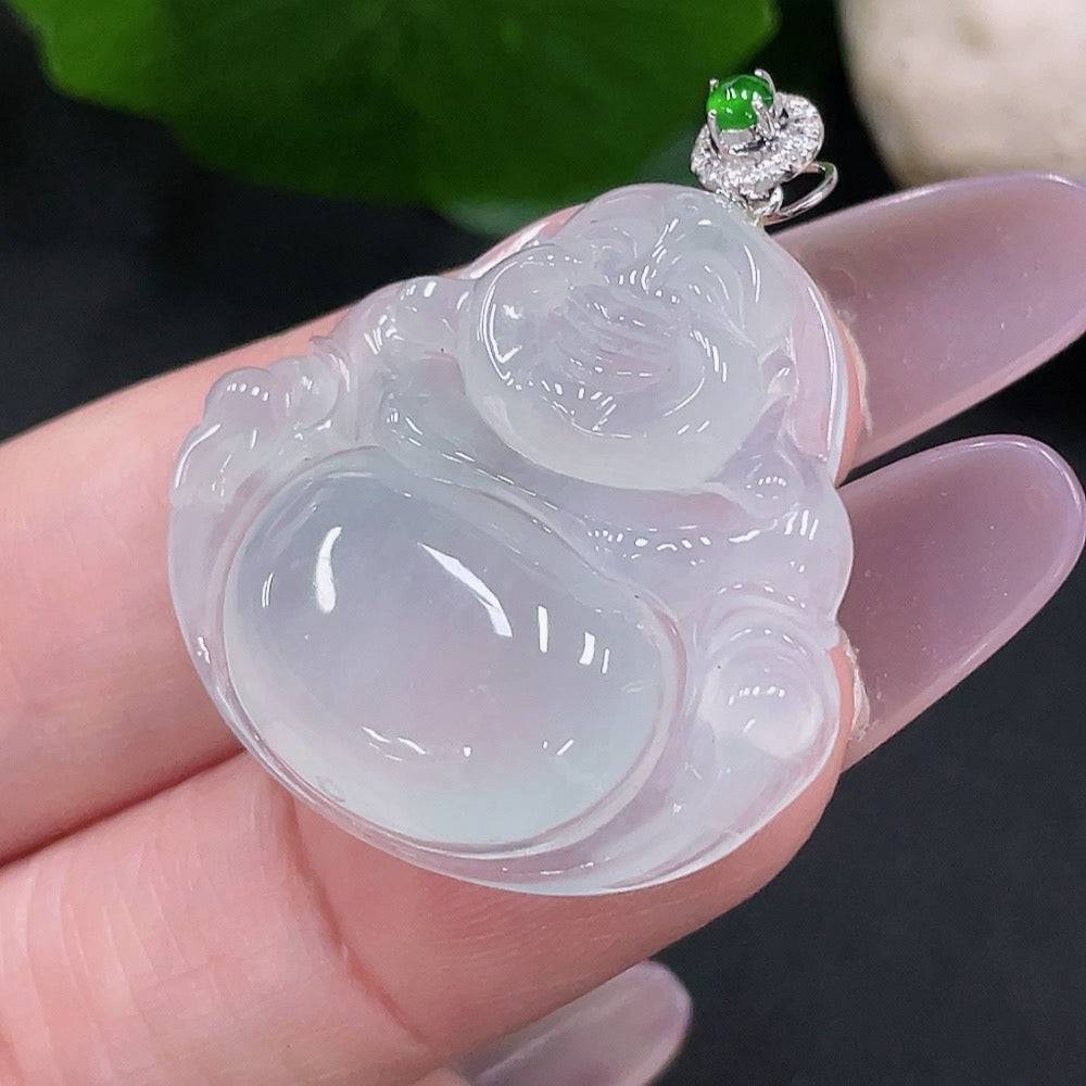 Huiliu Jadeite Buddha pendant with diamond accents, featuring a detailed carved jade Buddha charm on a string.