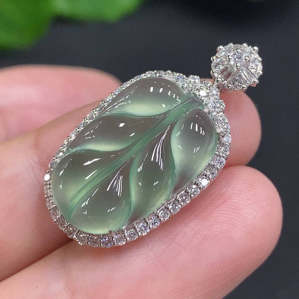 Huiliu Jadeite leaf inlaid pendant with diamond accents, showcasing detailed jade craftsmanship and elegant jewelry design.