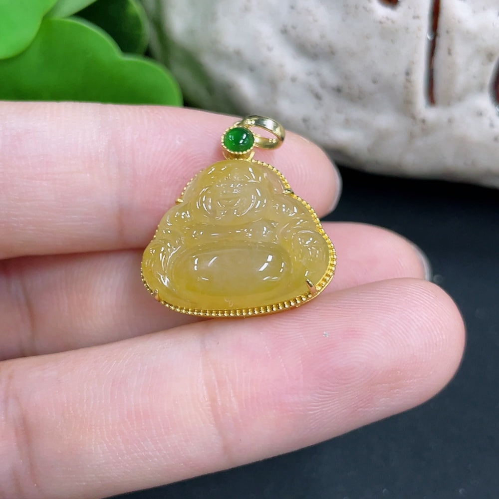 Jadeite pendant featuring a Buddha design, 18k color, from HKHQ, weighing approximately 2.8 grams, showcasing intricate craftsmanship.