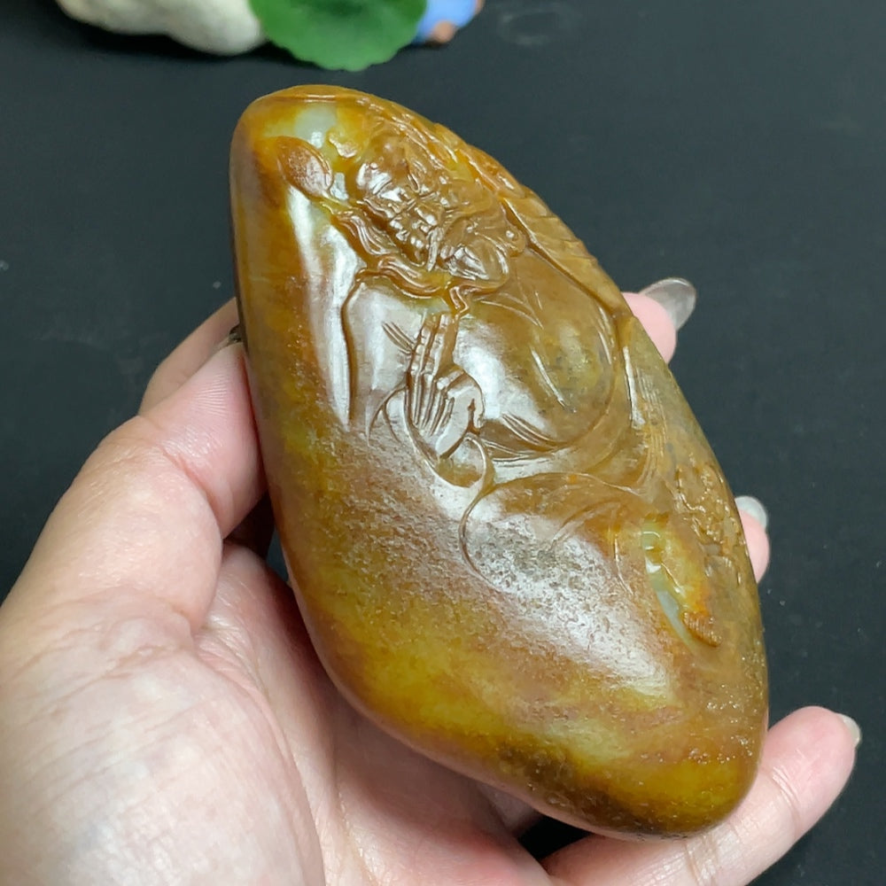 Hetian Jade Handheld Carving - Zhong Kui, Total Weight Approx. 423g, Undetermined Skin Color Origin, Contains Other Mineral Components