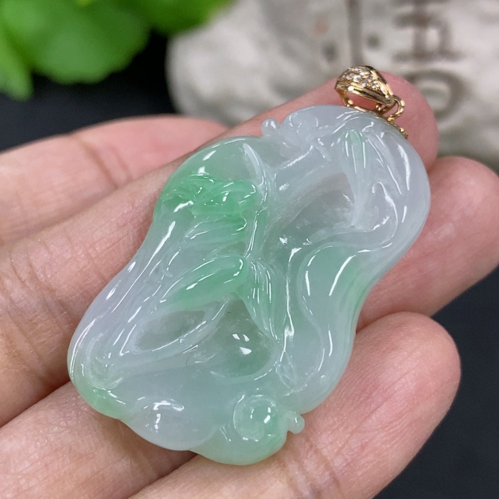 Jadeite Ascending Node Pendant, Total Weight Approx. 12.88g, 18K Gold Clasp, Diamond Accents