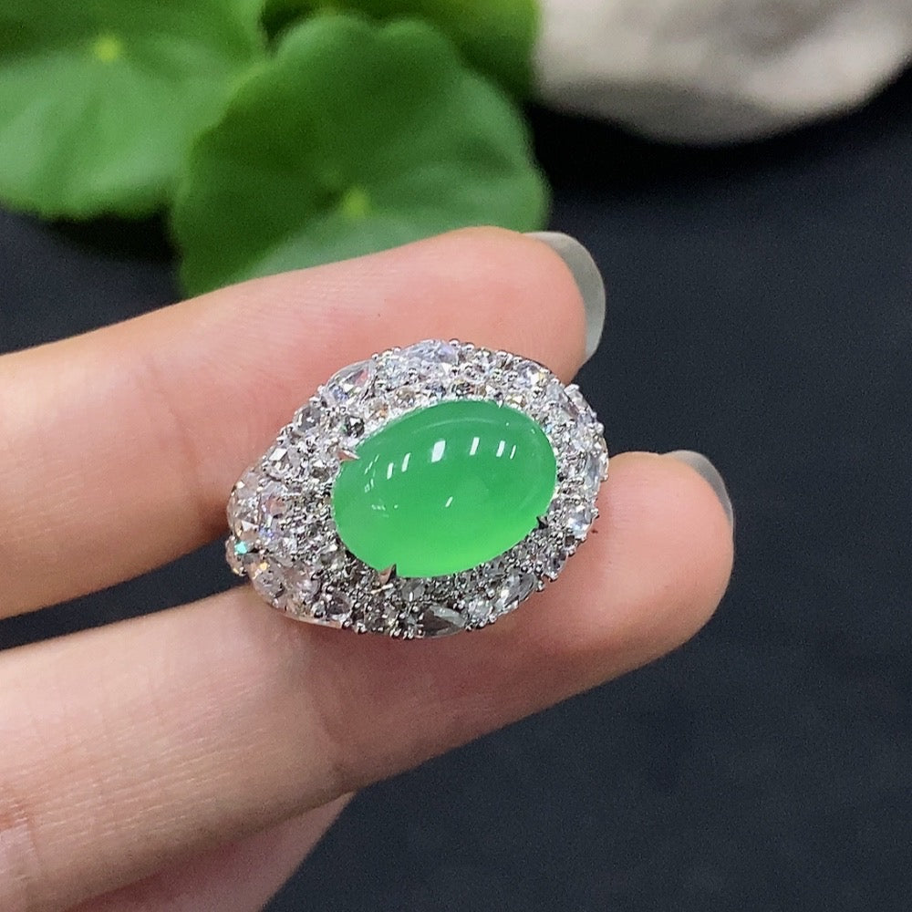 Jadeite Cabochon Ring with 18K Gold, Size 15, Accented with Diamonds, Total Weight Approx. 7.7g