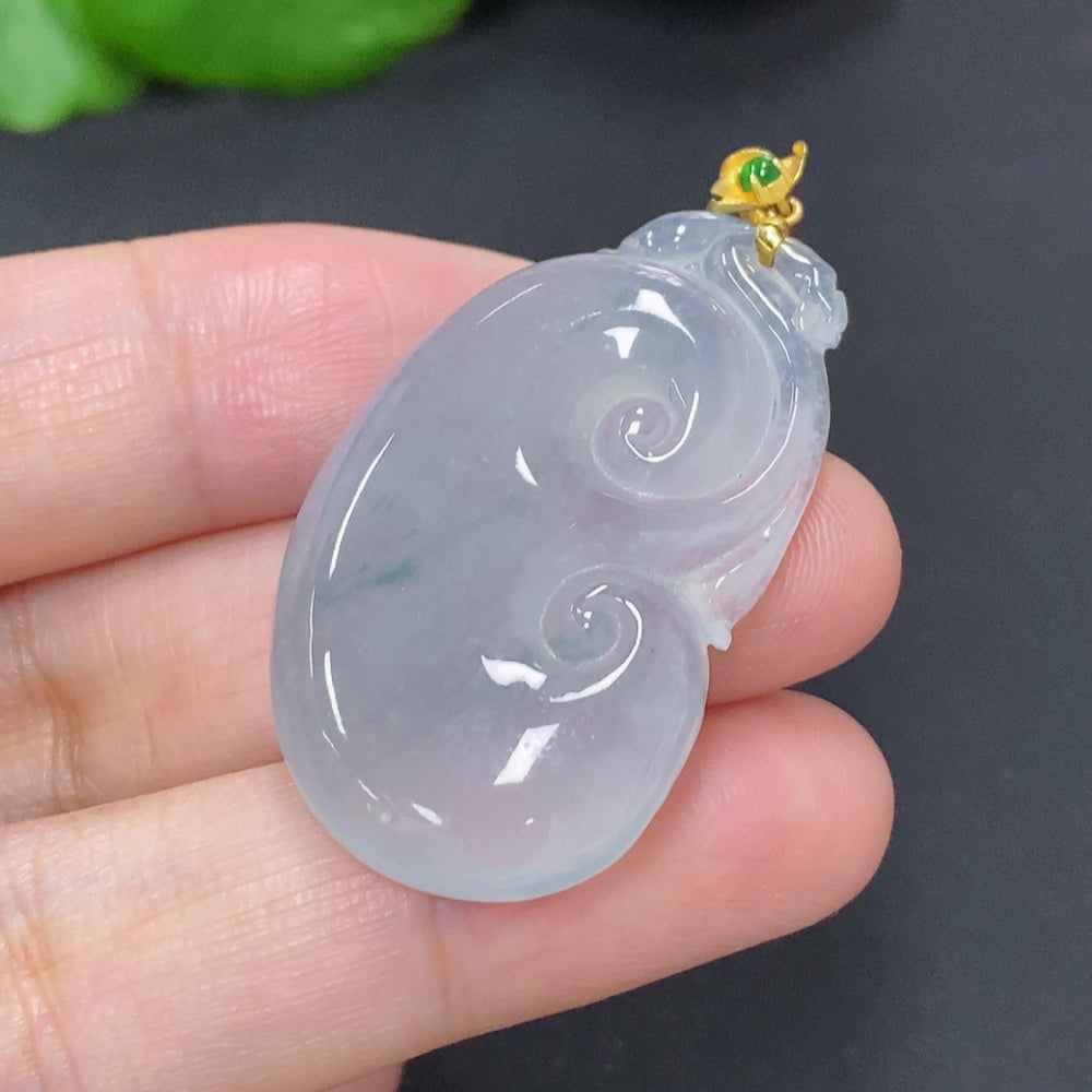 Jadeite Ruyi pendant necklace with 18K gold clasp, featuring a smooth, polished green jadeite stone and elegant gold accents.
