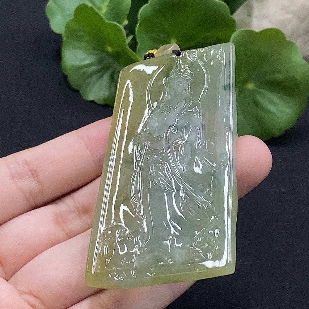 Jadeite Guanyin pendant weighing approximately 38g, crafted from green jade, featuring detailed religious figure design.