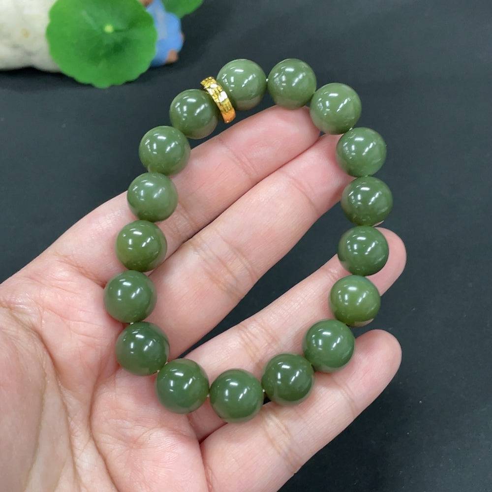 Huiliu HQ Hetian Jade bracelet with 12mm smooth jade beads, certified non-porous and high-quality jade jewelry.