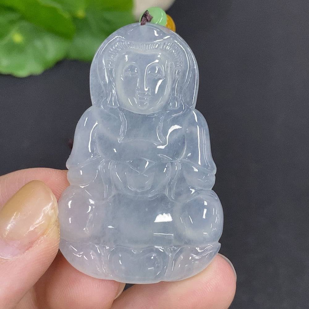 Huiliu Jadeite Guanyin pendant with rope weight, featuring a detailed carved figure of Guanyin in smooth green jade.